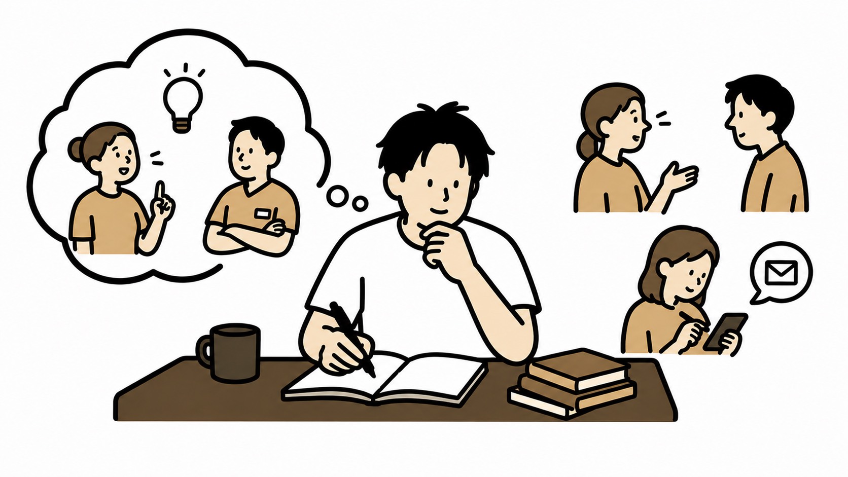机に向かってノートに文字を書く男性と、周囲で会話やスマートフォンを操作する人々の様子を描いたイラストです。