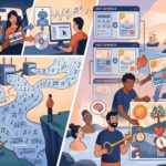 ドライブ中の風景や生成AIのイメージと温浴施設のPOPを作成する人々の様子を描いたイラストです。