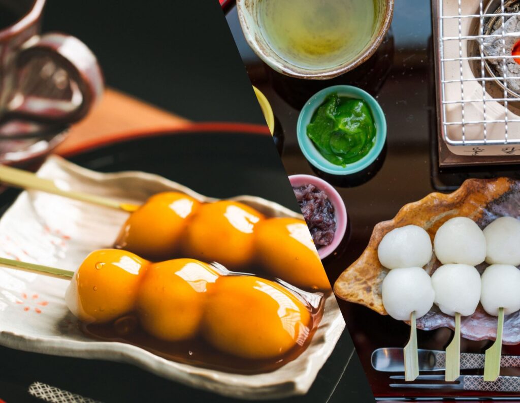 和風カフェで提供される、串に刺さったみたらし団子と自分で焼くための白い団子、餡や抹茶のソース、小さな七輪が並ぶ様子
