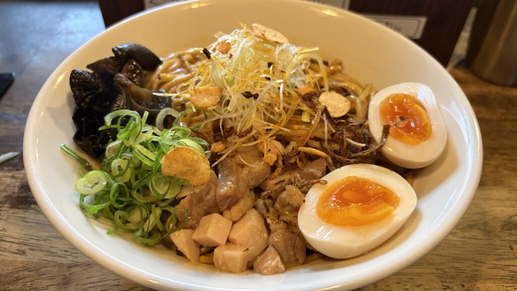 チャーシューやネギ、味付け玉子などの具材が盛り付けられた油そばの料理写真です。