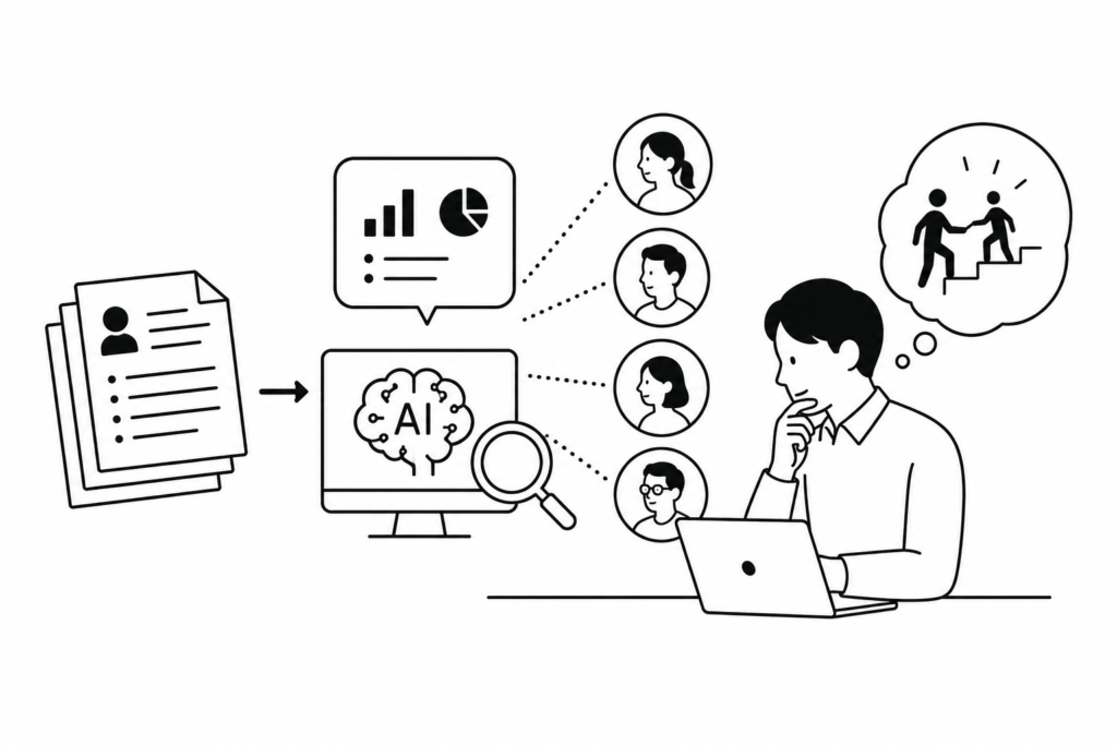 人物がパソコンを使って日報データをAIに読み込ませてスタッフの特性を分析し人材育成を考えています。