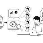 人物がパソコンを使って日報データをAIに読み込ませてスタッフの特性を分析し人材育成を考えています。