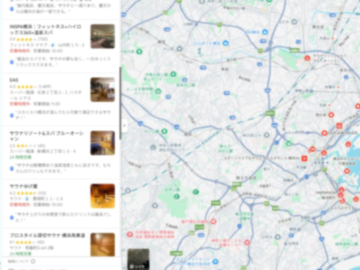 Googleマップ上で温浴施設やサウナの店舗情報と地図が表示されている画面