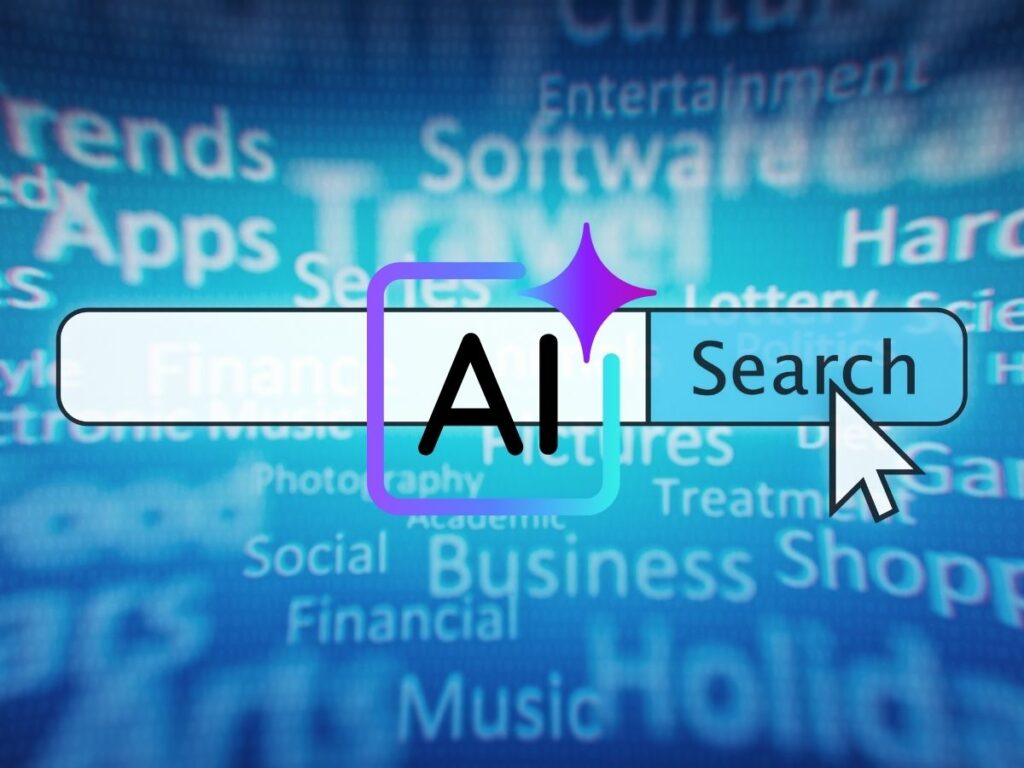 青い背景に様々なキーワードとAI検索の検索窓およびマウスポインタが表示されているグラフィックです。