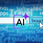 青い背景に様々なキーワードとAI検索の検索窓およびマウスポインタが表示されているグラフィックです。