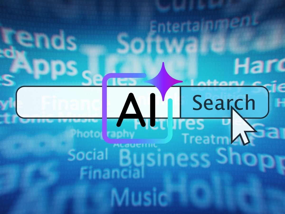 青い背景に様々なキーワードとAI検索の検索窓およびマウスポインタが表示されているグラフィックです。