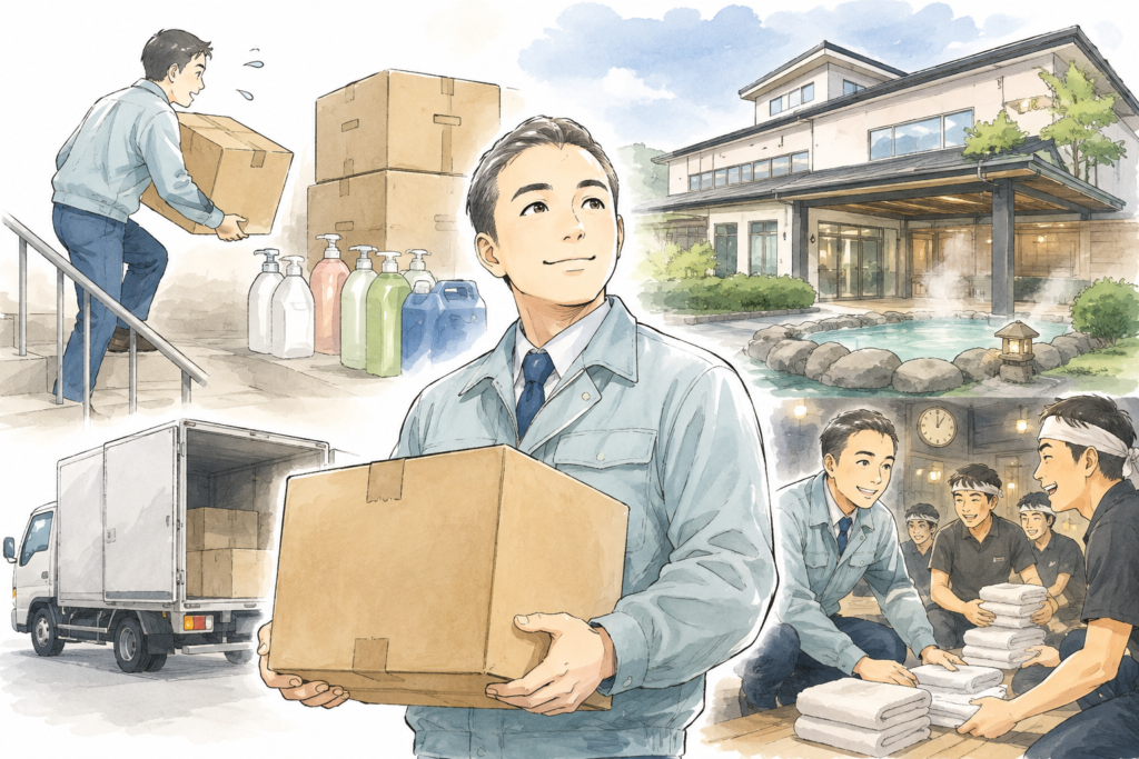 作業着姿の男性が温浴施設向けの荷物を運び、現場でスタッフと作業を行っている様子が描かれています。