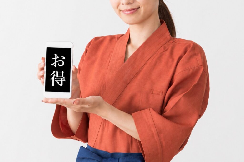 和装ユニフォームを着用したスタッフが「お得」と表示されたスマートフォン画面を両手で提示しています