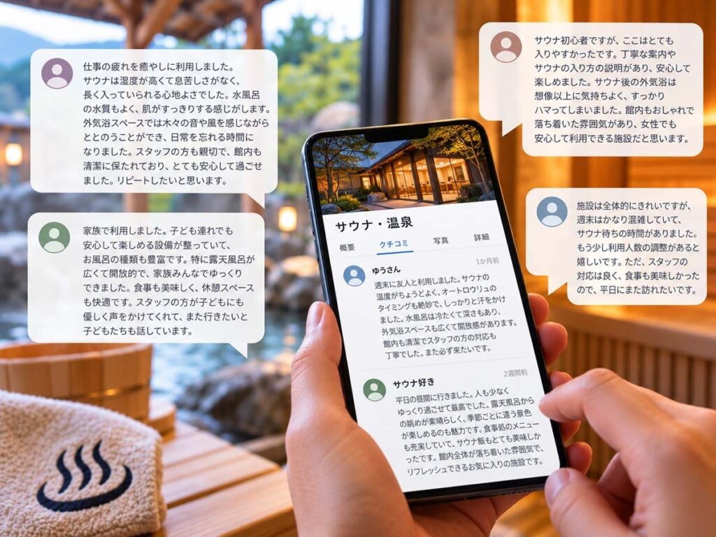 スマートフォンに表示された温浴施設のクチコミ画面と利用者の投稿テキストが並ぶ様子