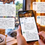 スマートフォンに表示された温浴施設のクチコミ画面と利用者の投稿テキストが並ぶ様子