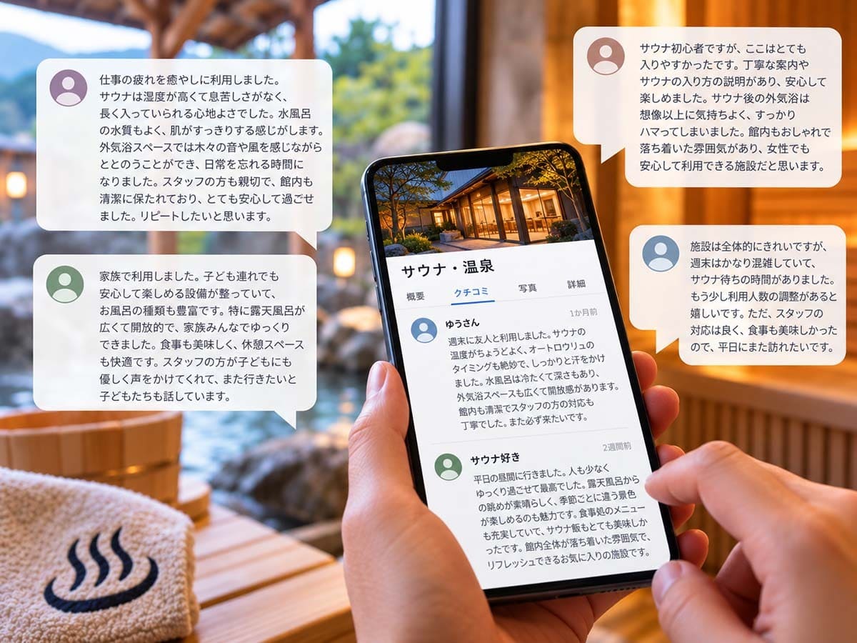 スマートフォンに表示された温浴施設のクチコミ画面と利用者の投稿テキストが並ぶ様子