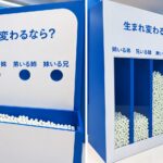 白いボールを投入して回答し裏側で投票結果が可視化される企画展の展示パネルです。