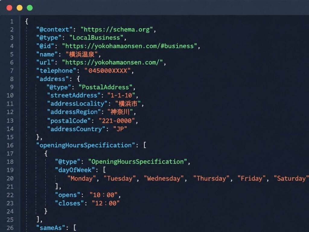 エディタ画面に表示されたローカルビジネスのJSONLD構造化データのコード