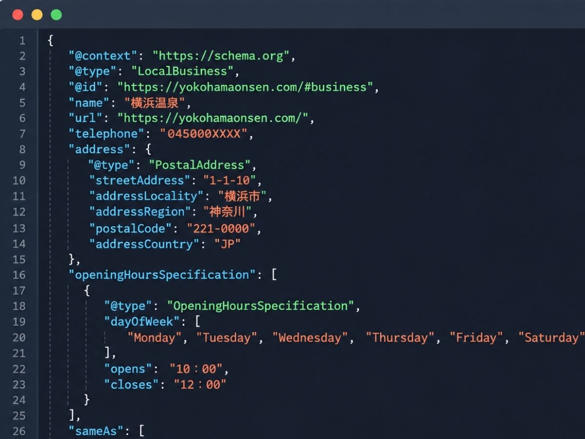 エディタ画面に表示されたローカルビジネスのJSONLD構造化データのコード