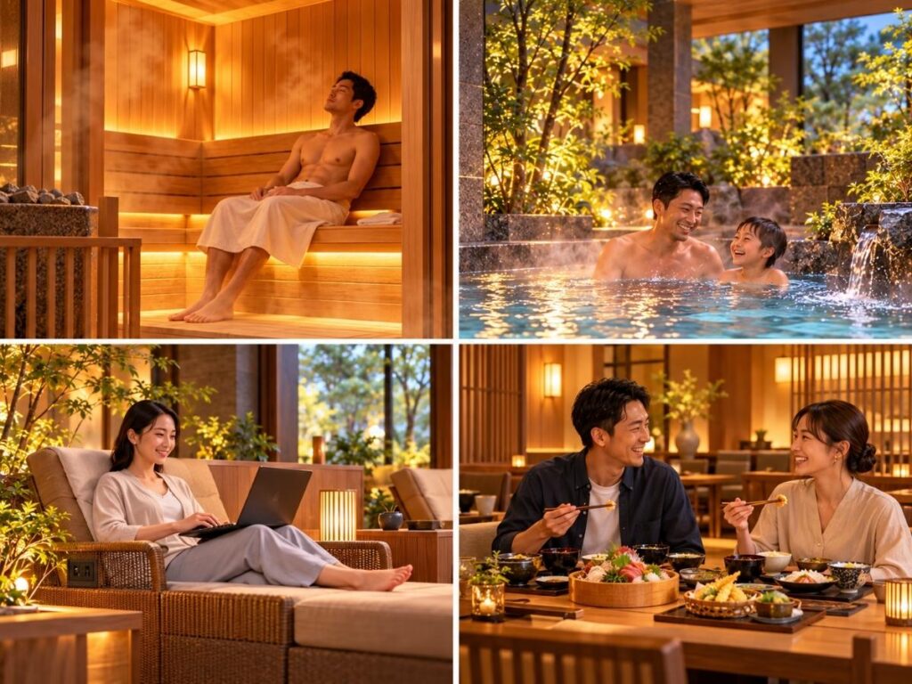 温浴施設のサウナや露天風呂、休憩ラウンジ、食事処で思い思いに過ごす利用者の様子