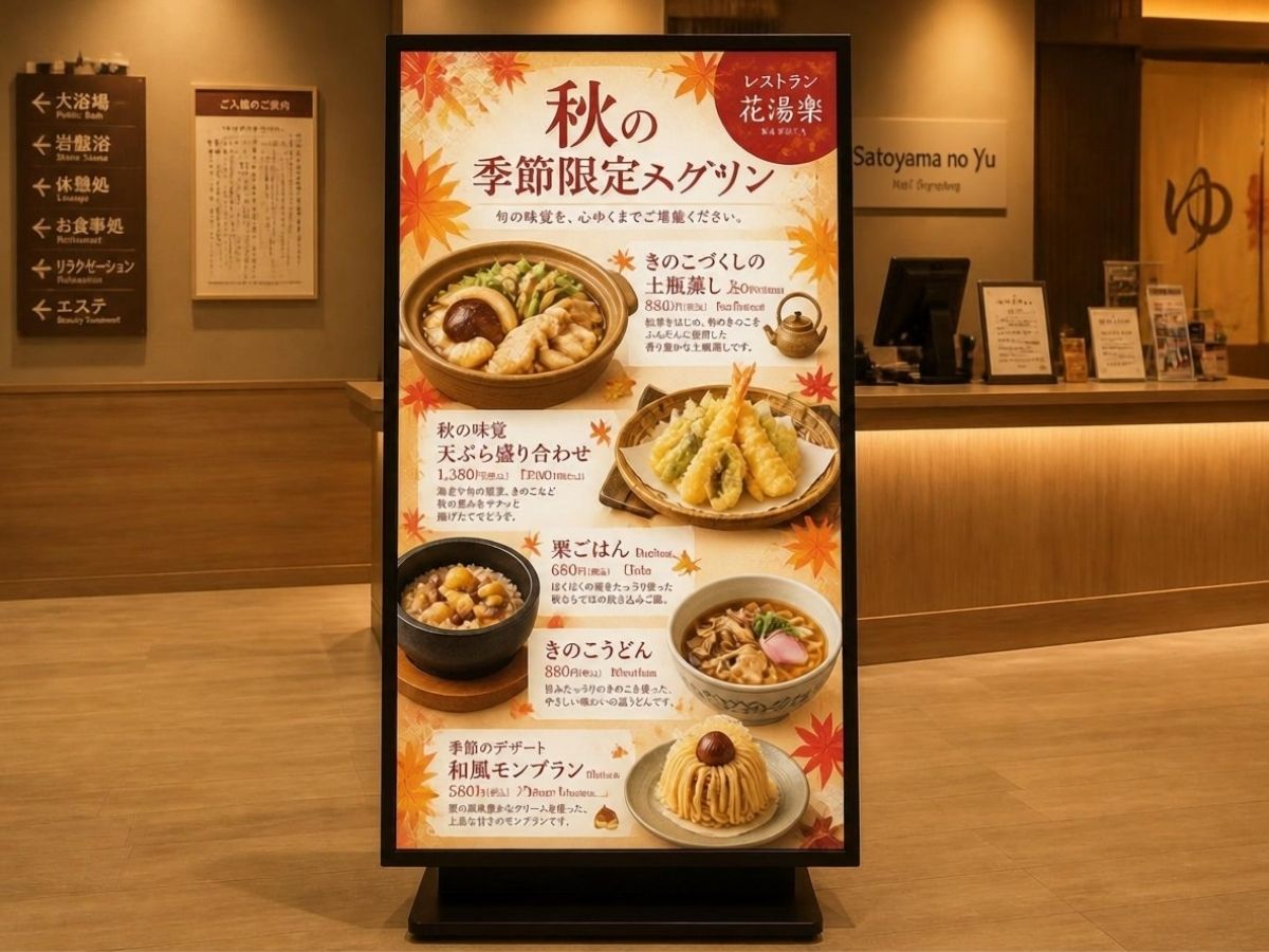 温浴施設のフロント前にある、秋の限定メニューを表示したデジタルサイネージです