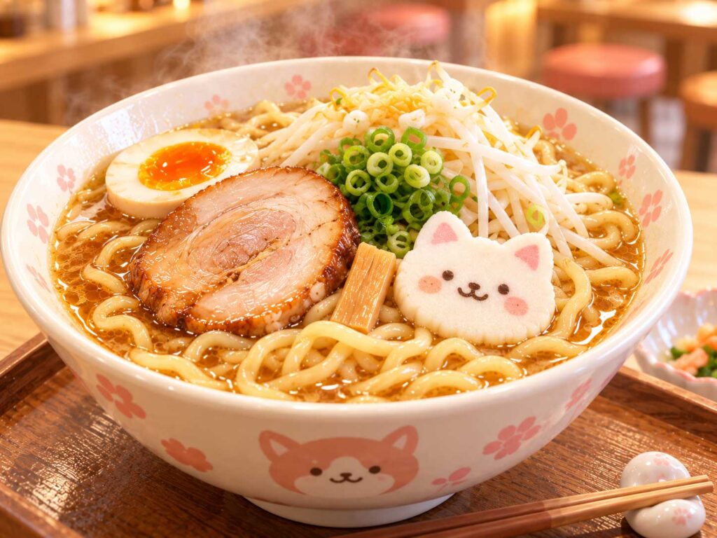 木製トレーの上に、もやしと青ねぎ、チャーシュー、煮卵、猫の顔の形のはんぺんがのったラーメンが置かれています