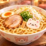 木製トレーの上に、もやしと青ねぎ、チャーシュー、煮卵、猫の顔の形のはんぺんがのったラーメンが置かれています