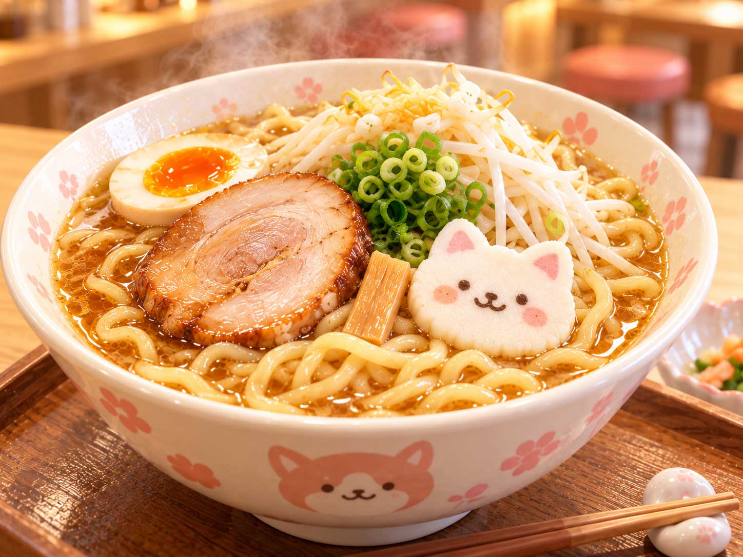 木製トレーの上に、もやしと青ねぎ、チャーシュー、煮卵、猫の顔の形のはんぺんがのったラーメンが置かれています