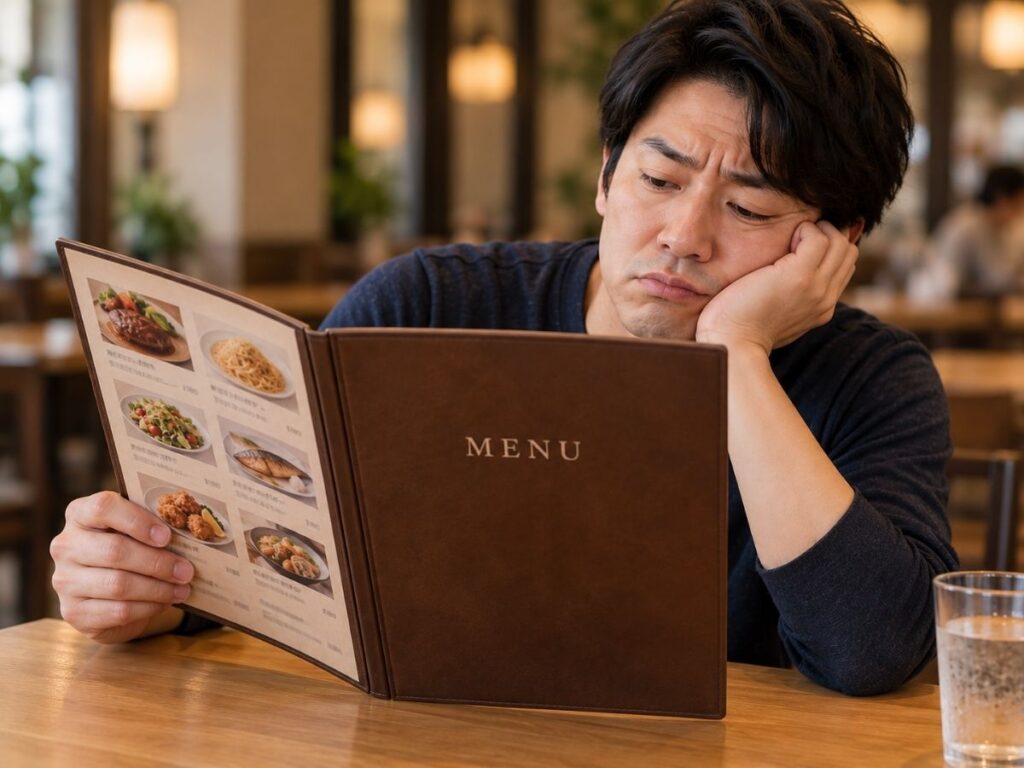 飲食店の席で、男性が頬杖をつきながらメニューブックの料理写真を眺めている。